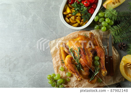 Christmas roast turkey concept on gray textured table 87982148