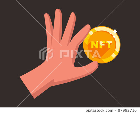 a man holds a NFT gold coin in his hand. a man holds a NFT gold coin in his hand. 87982716