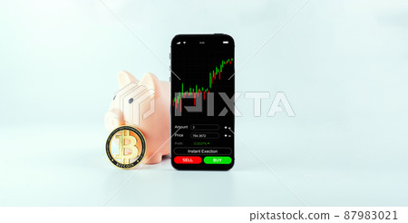 Bitcoin trading. Exchange bitcoin mobile phone app. Gold crypto currency BTC bitcoin, pink pig bank on white background. Saving money and financial concept bank. Bitcoin trading. Exchange bitcoin mobile phone app. Gold crypto currency BTC bitcoin, pink pig bank on white background. Saving money and financial concept bank. 87983021