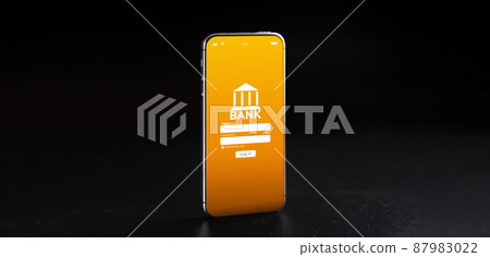 Mobile banking application. Mobile phone with internet online bank app. Credit card on black background. Save money business wallet. Mobile banking application. Mobile phone with internet online bank app. Credit card on black background. Save money business wallet. 87983022