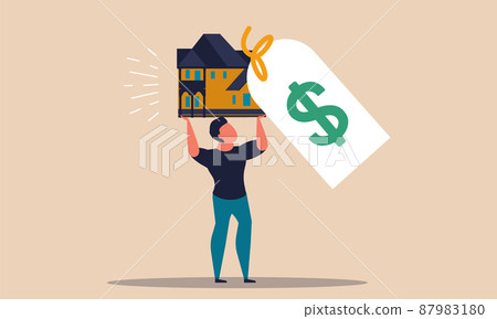 Mortgage house and real estate payment overprice. Character overpay to insurance building and broker vector illustration concept. Expenses to bank budget and finance problem. Property payoff to credit 87983180