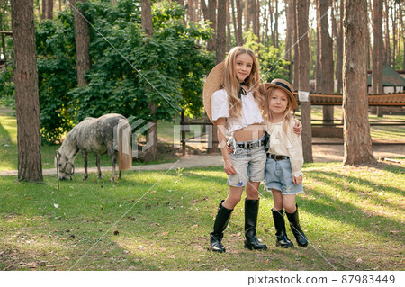 Two happy tween girls standing on green lawn in park on background of grazing pony Two happy tween girls standing on green lawn in park on background of grazing pony 87983449