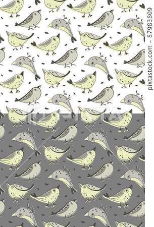 Birds doodle ink line seamless pattern. Hand drawn cartoon style design illustration. Grey, beige, yellow color palette. White or dark easy editable color background 87983809