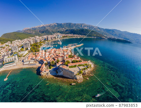 Old town in Budva in a beautiful summer day, Montenegro. Aerial image. Top view 87983853