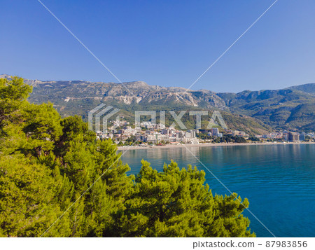 Aerophotography. View from flying drone. Panoramic cityscape of Budva, Montenegro. Top View. Beautiful destinations 87983856