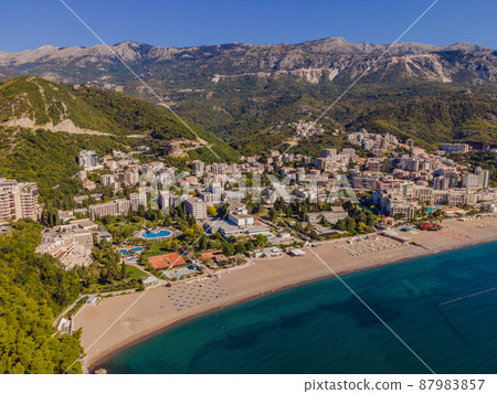 Aerophotography. View from flying drone. Panoramic cityscape of Budva, Montenegro. Top View. Beautiful destinations 87983857
