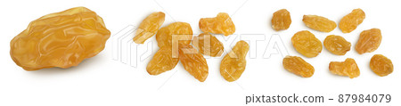 Yellow raisin isolated on white background with clipping path. Top view. Flat lay. Set or collection 87984079