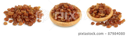 Brown raisin isolated on white background with clipping path. Top view. Flat lay. Set or collection Brown raisin isolated on white background with clipping path. Top view. Flat lay. Set or collection 87984080