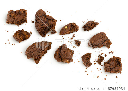 chocolate cookies broken isolated on white background with clipping path and full depth of field. Top view. Flat lay 87984084