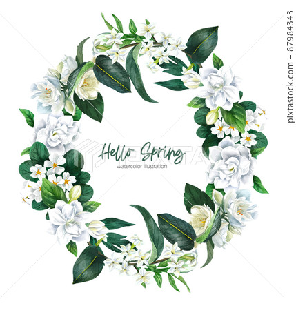 White jasmine and camellia floral wreath. Hand drawn White jasmine and camellia floral wreath. Hand drawn 87984343