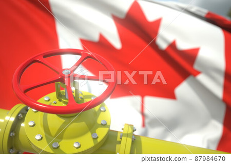 Pipe valve close-up and flag of Canada, 3d rendering Pipe valve close-up and flag of Canada, 3d rendering 87984670
