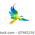 Multicolored vector stylized bird art in flight on a white background 87985238