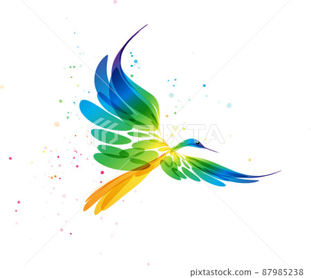 Multicolored vector stylized bird art in flight on a white background 87985238