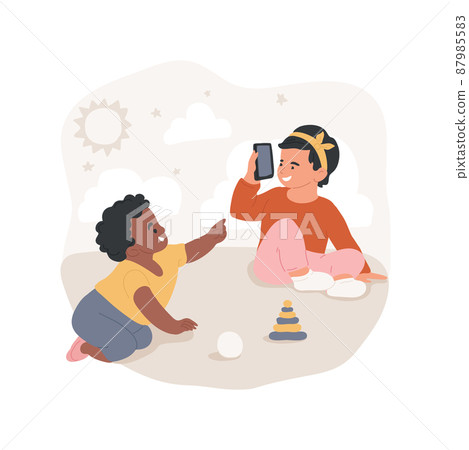 Real-world play isolated cartoon vector illustration. Toddlers play real-world, children using toy phone, pretend game, social and emotional skills, kindergarten activity vector cartoon. Real-world play isolated cartoon vector illustration. Toddlers play real-world, children using toy phone, pretend game, social and emotional skills, kindergarten activity vector cartoon. 87985583