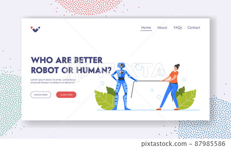Competing Who are Better Robot or Human Landing Page Template. Office Woman Character and Cyborg Tug of War Competing Who are Better Robot or Human Landing Page Template. Office Woman Character and Cyborg Tug of War 87985586