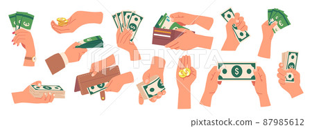Set of Hands Holding Money, Human Palms Collection With Cash, Gold Coins, Wallet Full of Banknotes, Paper Dollar Bills 87985612