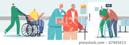 Medical Care of Elderly People Concept. Medics Help Old Disabled People in Nursing Home or Clinic. Social Worker Staff Medical Care of Elderly People Concept. Medics Help Old Disabled People in Nursing Home or Clinic. Social Worker Staff 87985613