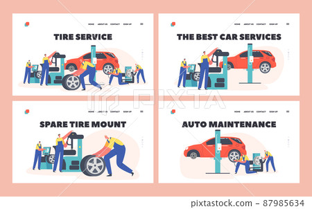 Vehicle Repair, Maintenance Service Landing Page Template Set. Workers Change Tires at Garage. Characters Mount Tyres Vehicle Repair, Maintenance Service Landing Page Template Set. Workers Change Tires at Garage. Characters Mount Tyres 87985634