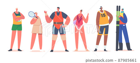Athletes Male and Female Characters Stand in Row. Runner, Tennis or Basketball Player, Skier, Weightlifter Wear Uniform 87985661