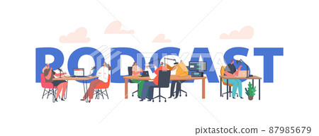 Podcast Concept. People Sitting at Desk with Microphones and Computer, Speaking, Interviewing Guest on Radio Studio 87985679