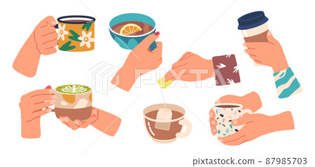Set of Human Hands Holding Cups with Hot or Cold Refreshing Drinks Bubble Tea, Coffee, Soda, Juice, Cappuccino Beverages 87985703