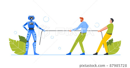 Business Characters Fight Against Artificial Intelligence. Human and Robot Tug of War. Competition of Machine and People Business Characters Fight Against Artificial Intelligence. Human and Robot Tug of War. Competition of Machine and People 87985728