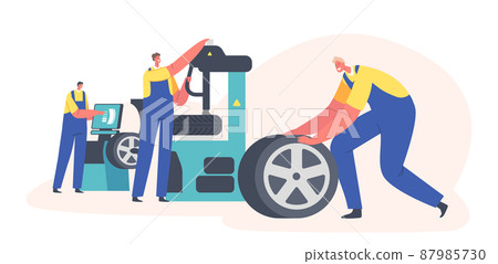 Car Maintenance and Fixing Service. Workers Change Automobile Tires at Garage. Male Characters Wear Uniform Mount Tyres 87985730