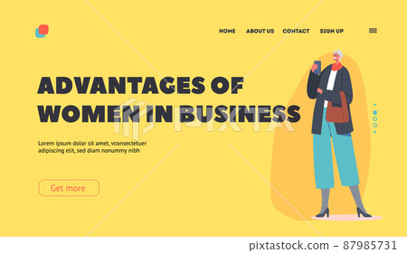 Advantages of Women in Business Landing Page Template. Senior Caucasian Business Person Wear trendy Apparel 87985731