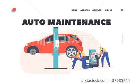 Auto Maintenance Landing Page Template. Workers Change and Measure Pressure in Car Tires at Mechanic Garage 87985744