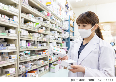 A woman working in a dispensing pharmacy 87985753