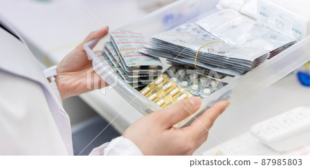 A woman working in a dispensing pharmacy 87985803