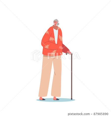 Senior Female Character with Walking Cane Isolated on White Background. Elderly Woman Lifestyle, Old Smiling Lady 87985890