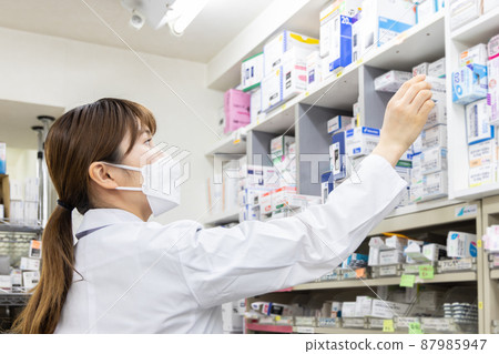 A woman working in a dispensing pharmacy 87985947
