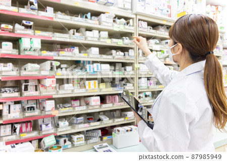 A woman working in a dispensing pharmacy 87985949