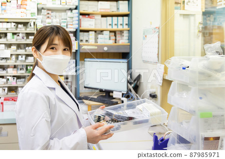 一名在配藥藥房工作的婦女 一名在配藥藥房工作的婦女 87985971