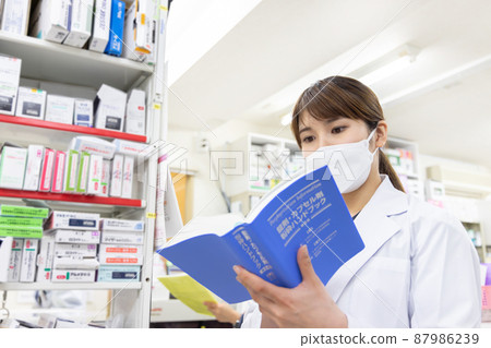 A woman working in a dispensing pharmacy 87986239