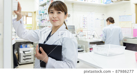 A woman working in a dispensing pharmacy 87986277