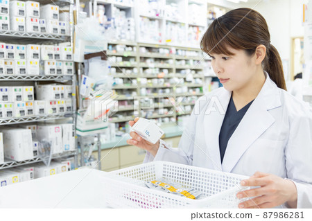 一名在配藥藥房工作的婦女 一名在配藥藥房工作的婦女 87986281
