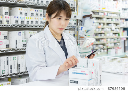 A woman working in a dispensing pharmacy 87986306