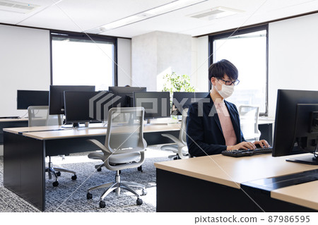 An office worker who is forced to come to work during telework and sits loosely 87986595