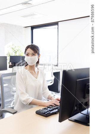 An office worker who is forced to come to work during telework and sits loosely 87986596