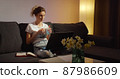 Tired overworked workaholic female learn her speech night late. 87986609