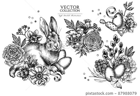 Easter vintage illustrations collection. Hand drawn logo designs with rabbit, eggs, willow branches 87988079