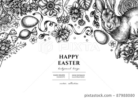 Easter hand drawn illustration design. Background with sketch rabbit, eggs, willow branches, etc. Easter hand drawn illustration design. Background with sketch rabbit, eggs, willow branches, etc. 87988080