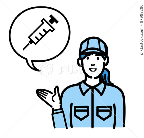穿著工作服的年輕女性解釋疫苗接種和疫苗 穿著工作服的年輕女性解釋疫苗接種和疫苗 87988286