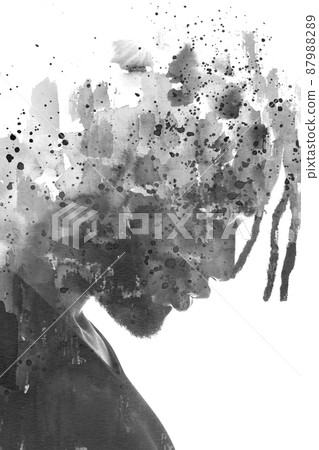 Paintography. A profile portrait of a man combined with various ink splashes. 87988289