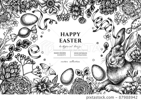 Easter hand drawn illustration design. Background with sketch rabbit, eggs, willow branches, etc. 87988942