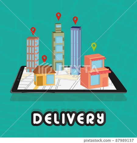 Group of different buildings connected on a delivery app Delivery concept Vector 87989137
