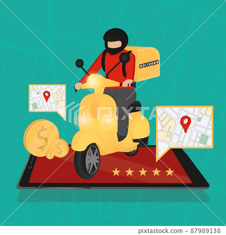 Cellphone delivery app with a bike and coins Delivery concept art Vector 87989138