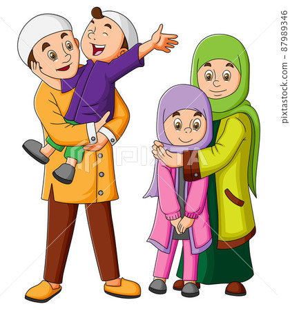 The happy family is celebrating the eid mubarak The happy family is celebrating the eid mubarak 87989346